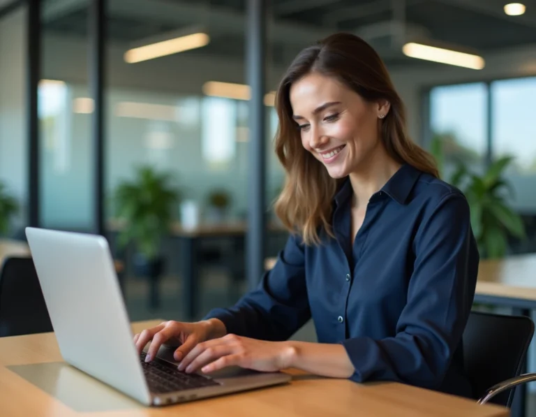 Femme professionnelle accédant à son webmail Convergence Lyon sur un ordinateur portable dans un bureau moderne
