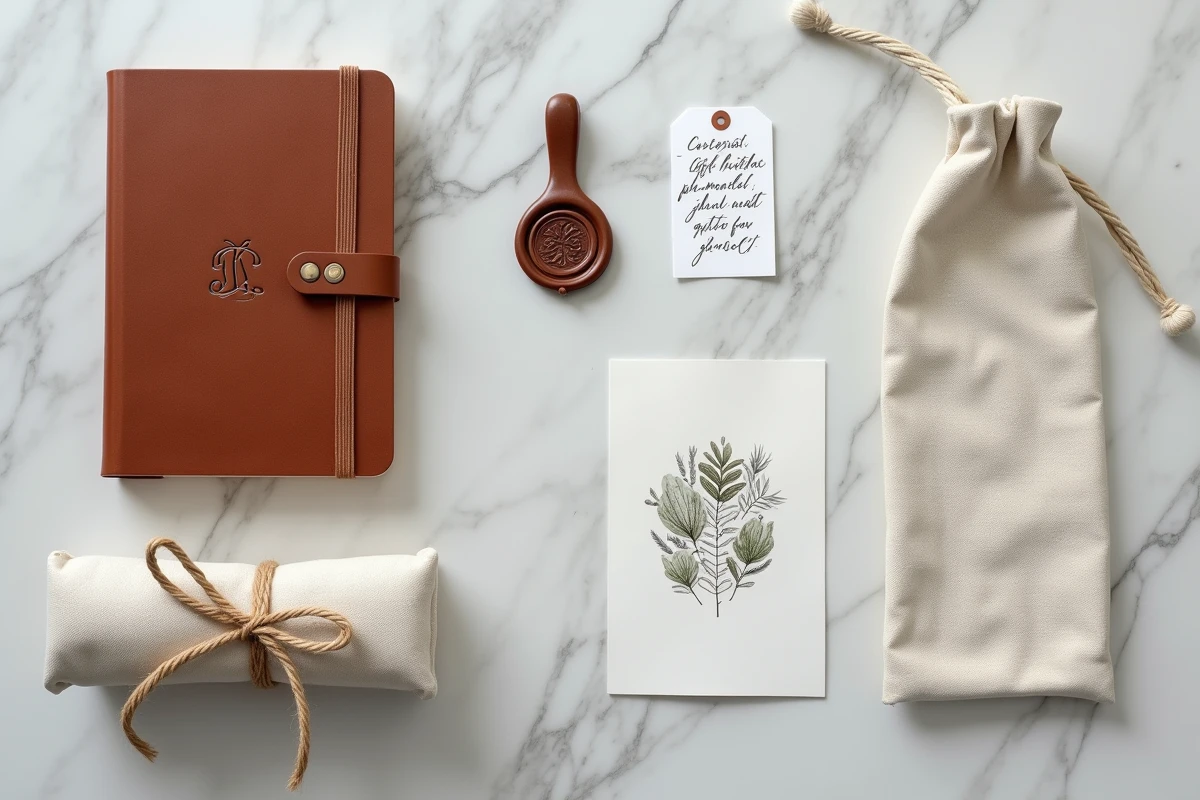 Flat lay d'accessoires tendance pour cadeau personnalisé incluant journal en cuir, kit de sceau de cire et étiquettes manuscrites sur marbre