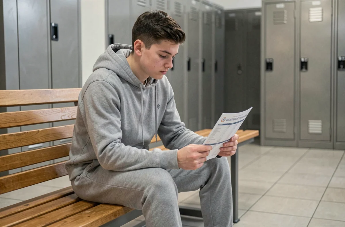Adolescent consultant une brochure d'inscription à la salle de sport Basic Fit dans un vestiaire moderne