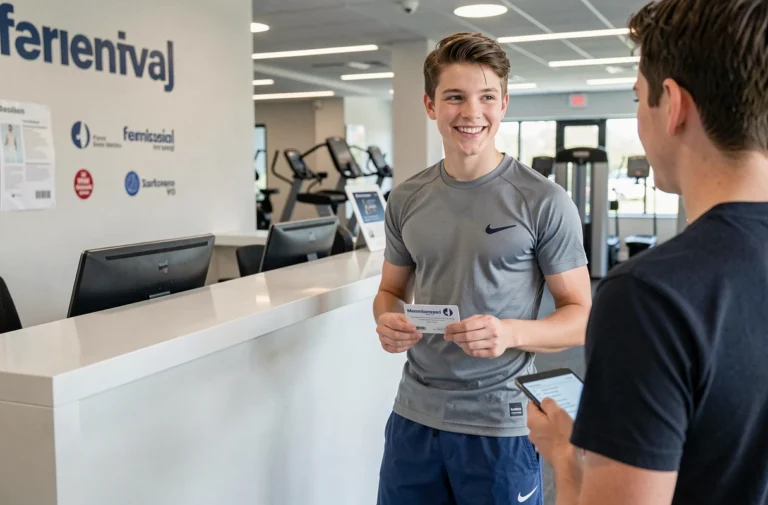 Adolescent de 16 ans s'inscrivant dans une salle de sport Basic Fit avec une carte de membre à la réception