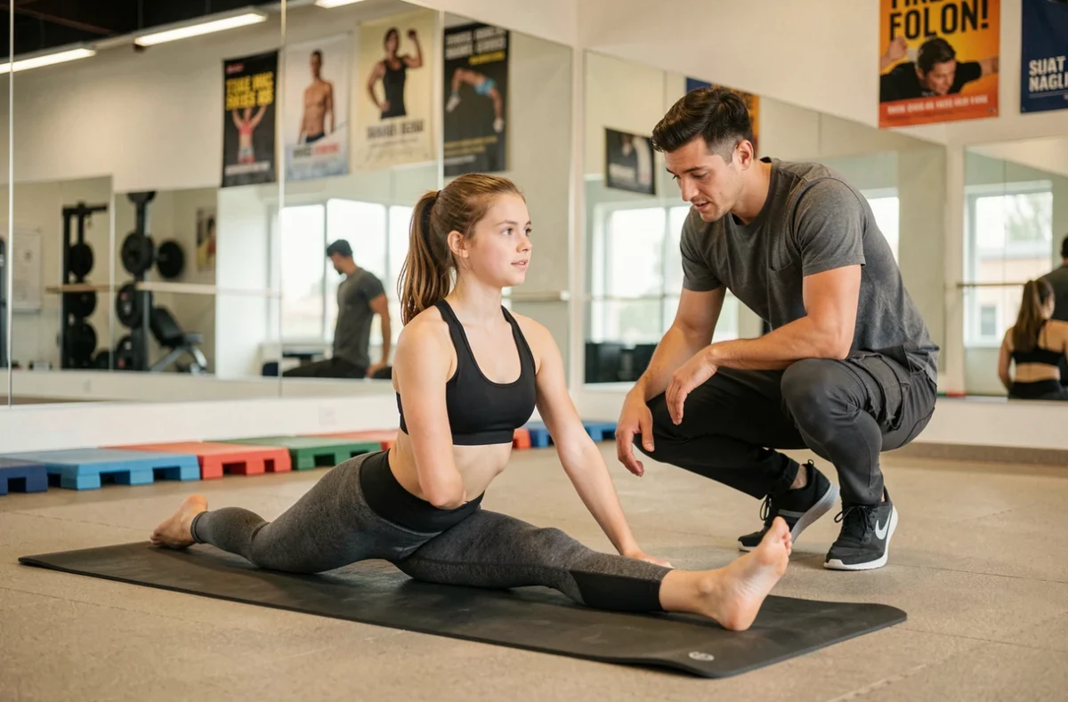Jeune adolescente pratiquant des étirements guidés par un coach dans une salle de fitness moderne