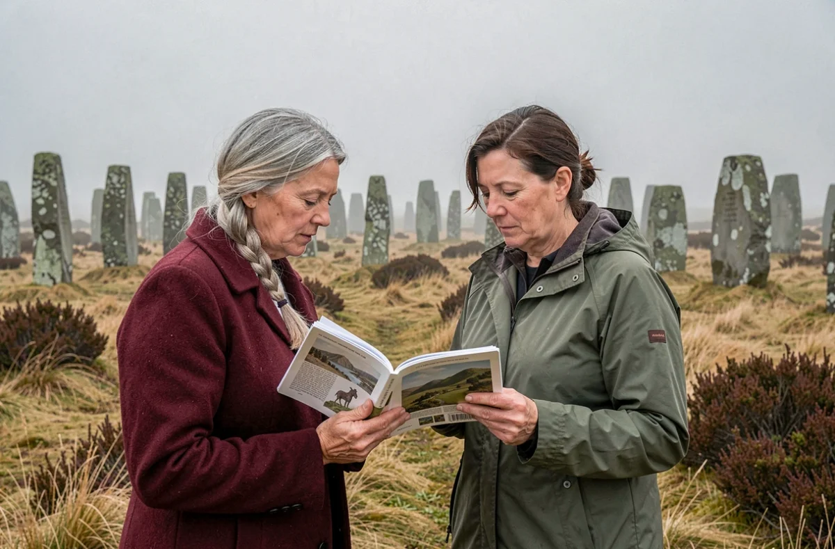 Deux femmes explorant les alignements mégalithiques de Carnac en Bretagne en automne