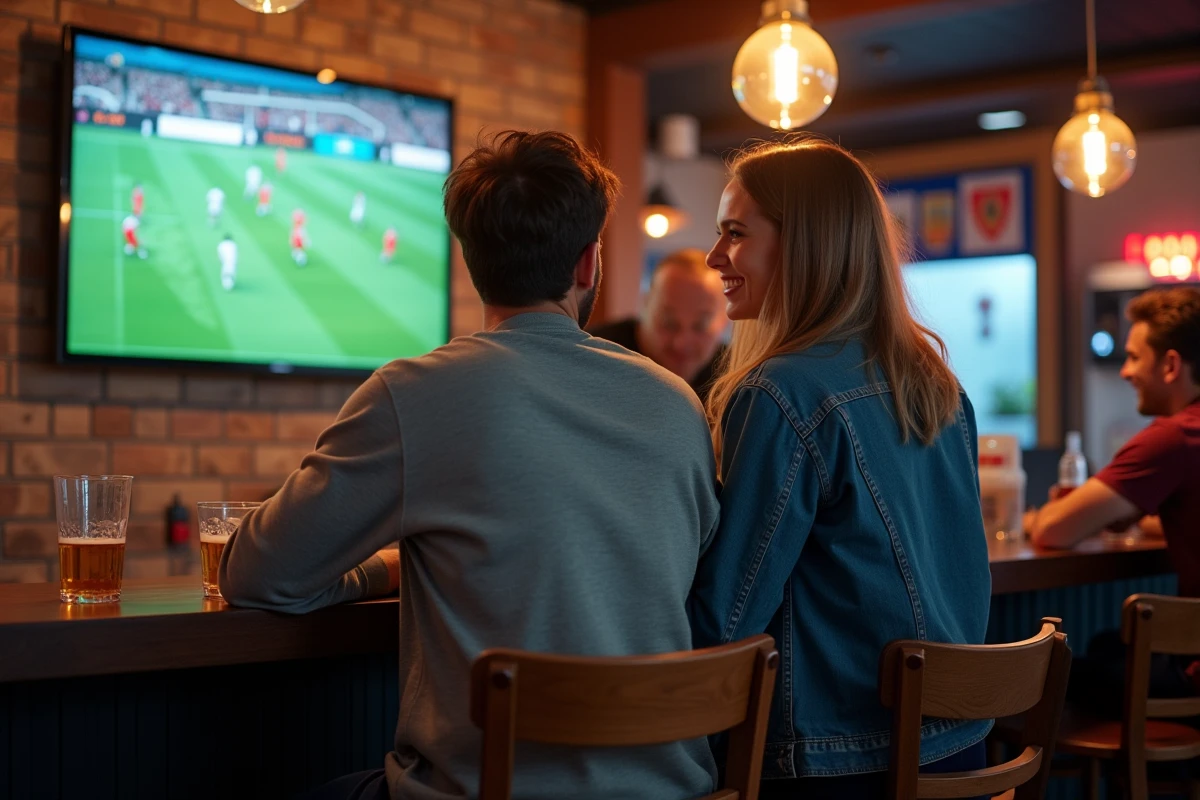 Deux amis regardant un match de football en streaming légal sur tablette dans un bar sportif
