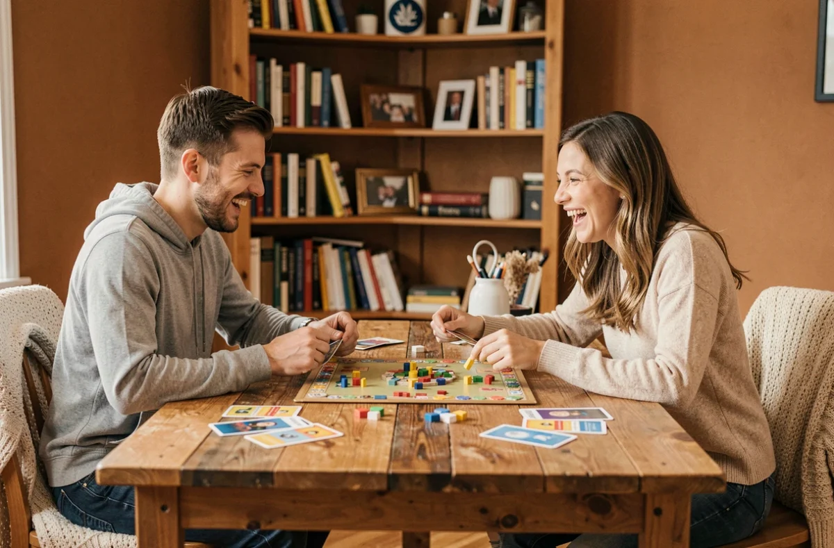 Deux amis jouant à un jeu de société à domicile dans une ambiance conviviale, idée de loisir en intérieur