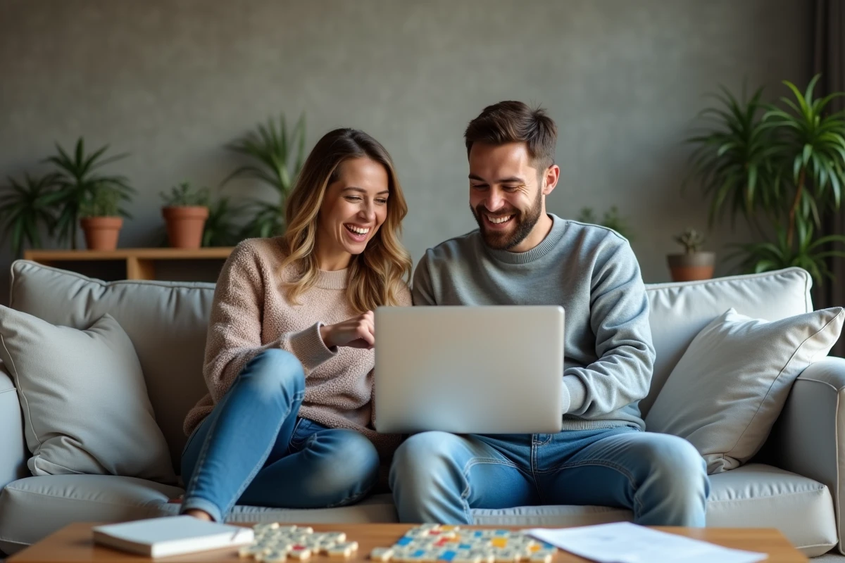 Deux amis jouant ensemble au Scrabble gratuit en ligne sur canapé dans un salon