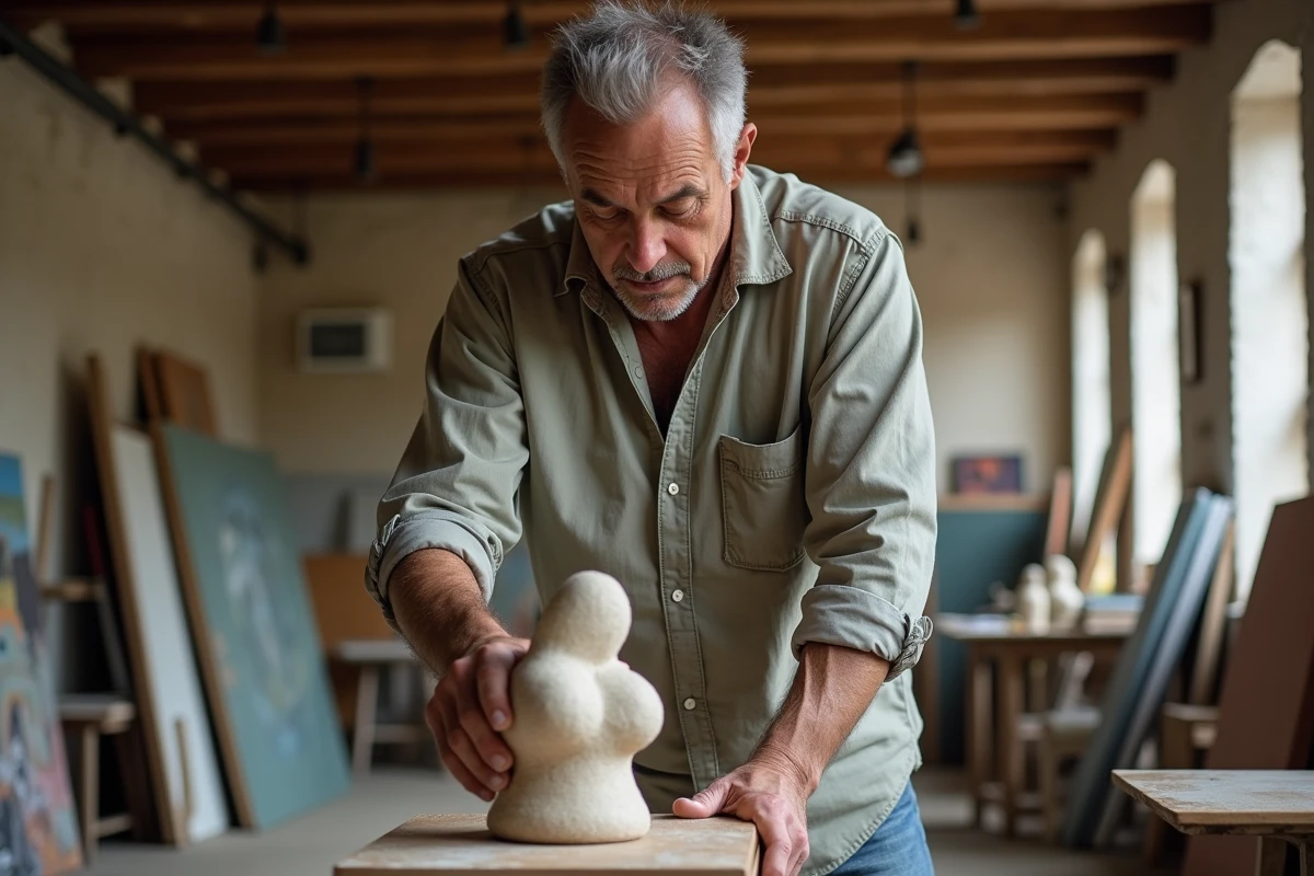 Artiste masculin installant une sculpture dans un atelier parisien pour Mag Paris art contemporain