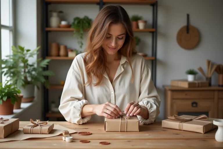 Femme enveloppant un cadeau personnalisé avec du papier kraft et des accessoires tendance sur une table en bois