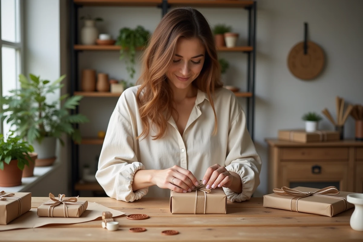 Femme enveloppant un cadeau personnalisé avec du papier kraft et des accessoires tendance sur une table en bois