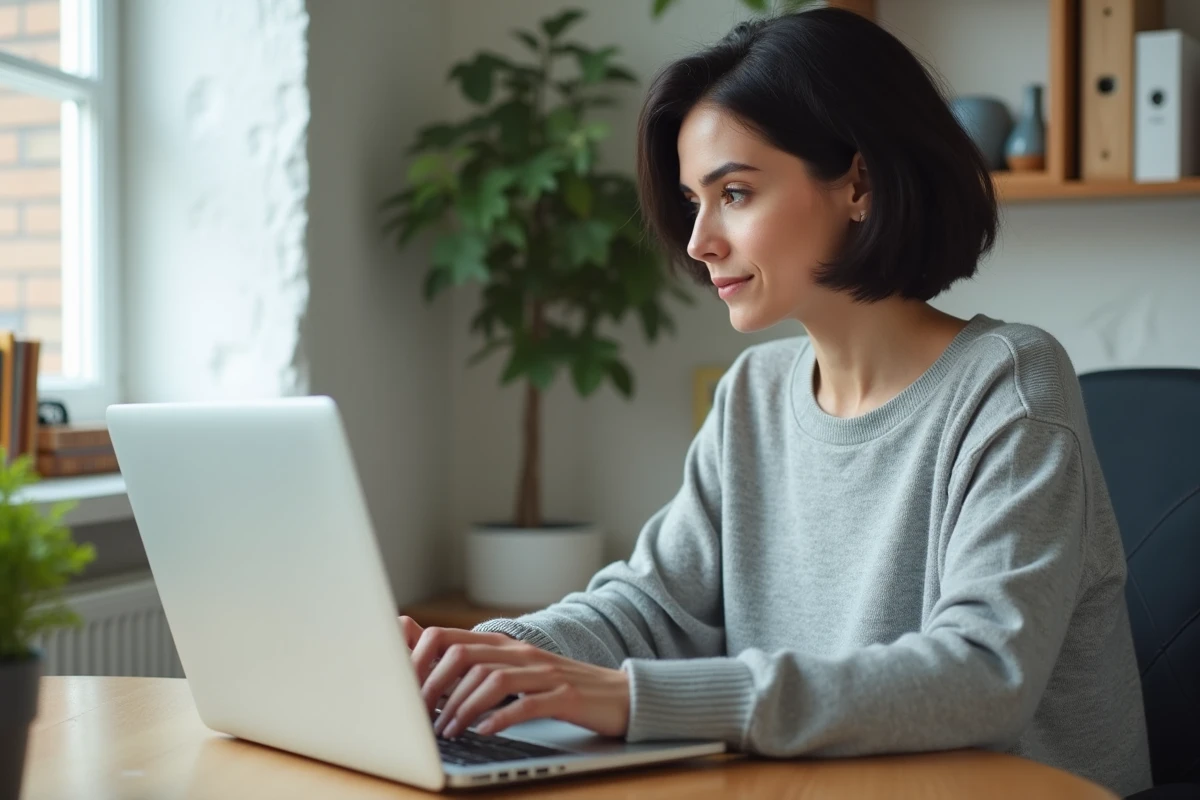 Femme se connectant à un site de chat en ligne sur son ordinateur portable dans un bureau à domicile confortable