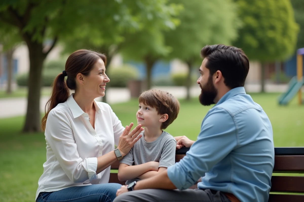 Conseillère scolaire discutant avec un père et son fils au parc