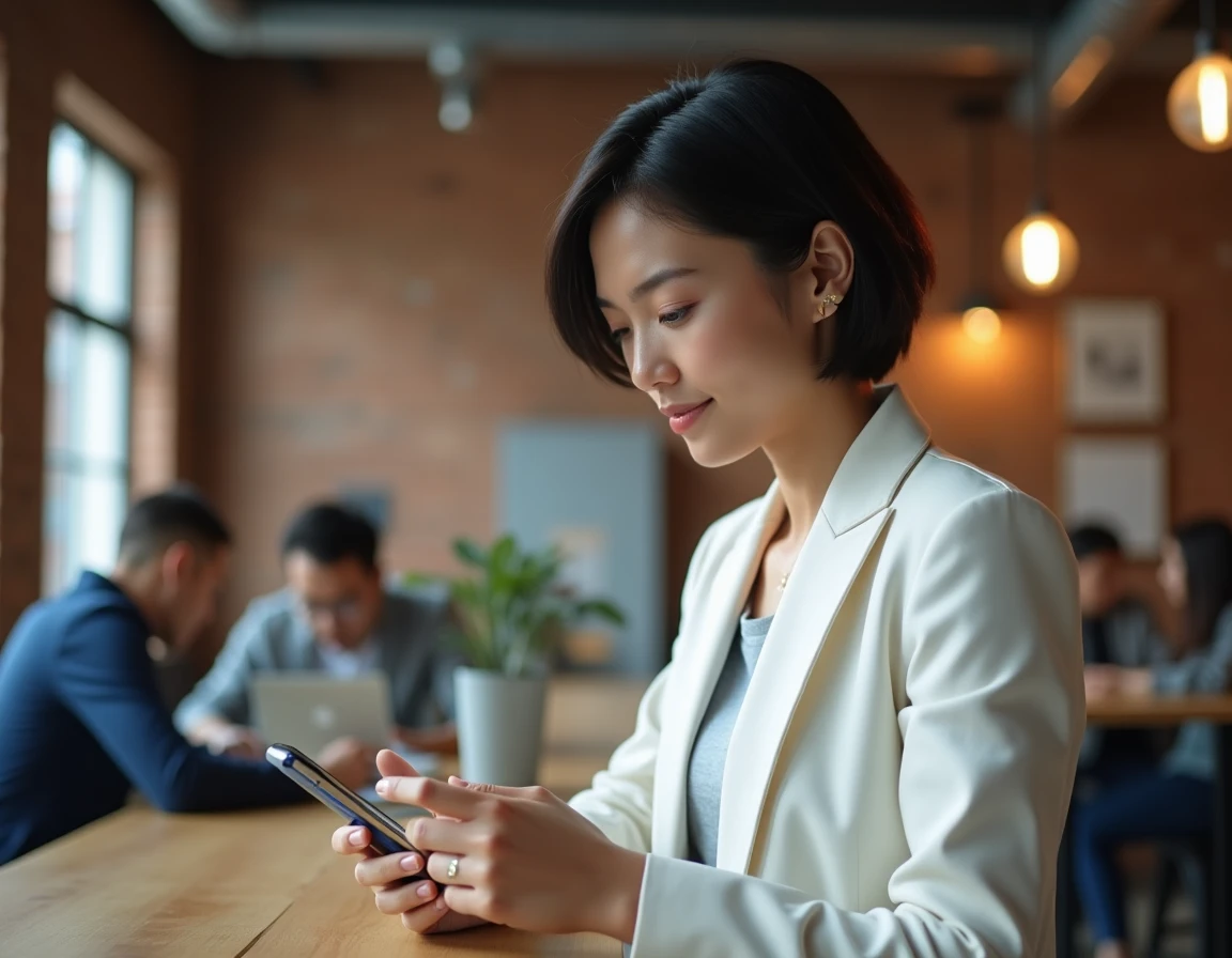 Jeune femme consultant ses e-mails sécurisés sur smartphone dans un espace de coworking à Lyon