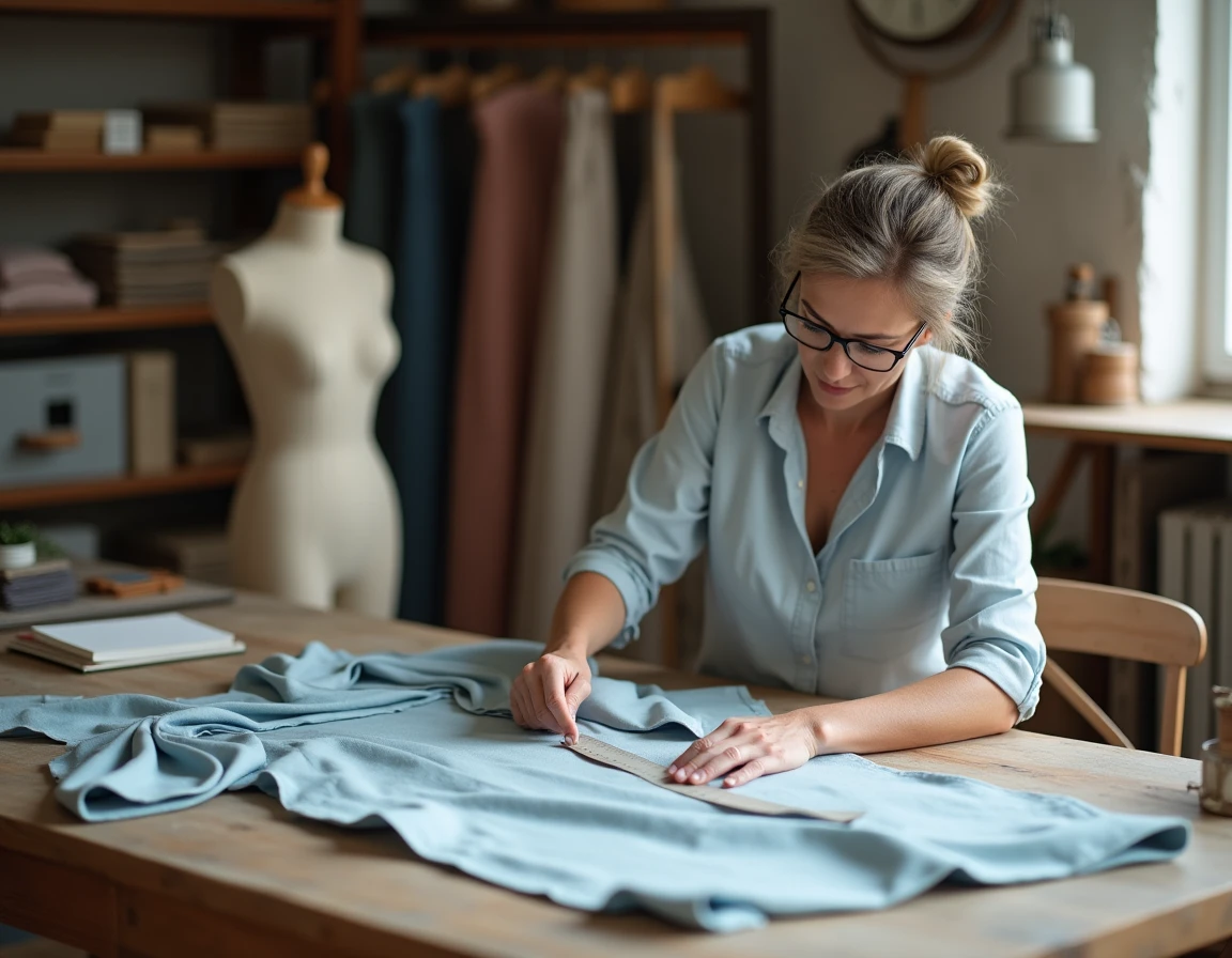 Couturière mesurant une robe posée à plat sur une table en bois dans un atelier de couture