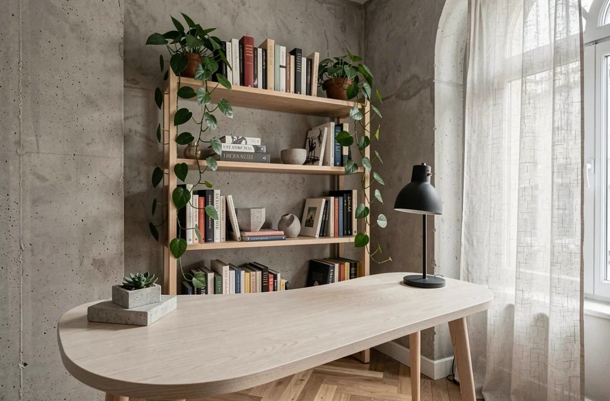Coin bureau moderne dans un appartement haussmannien avec bureau en chêne courbé, étagères décoratives et plante pothos en pot béton