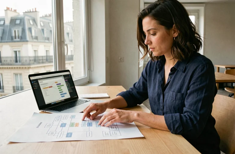 Développeuse web parisienne analysant un sitemap imprimé dans un espace de coworking haussmannien