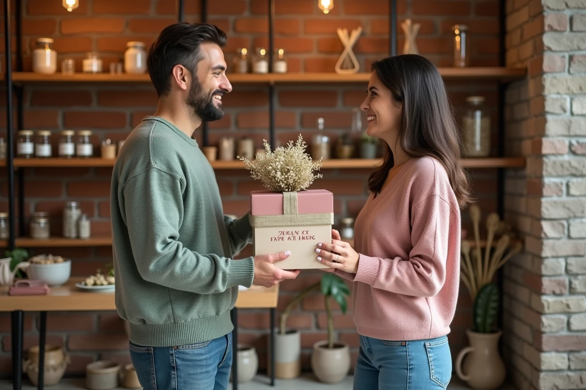 Deux amis échangeant un cadeau personnalisé décoré d'une étiquette et de fleurs séchées dans une boutique artisanale