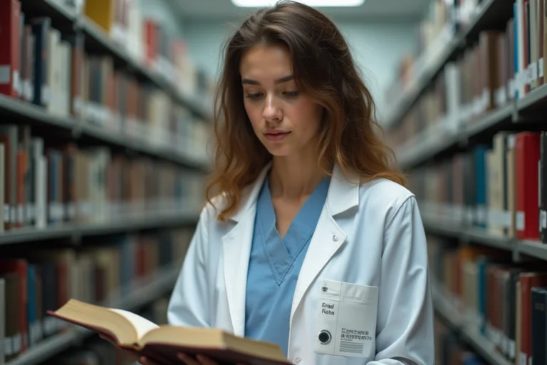 Étudiante en médecine en blouse blanche consultant un manuel d'anatomie dans une bibliothèque universitaire médicale