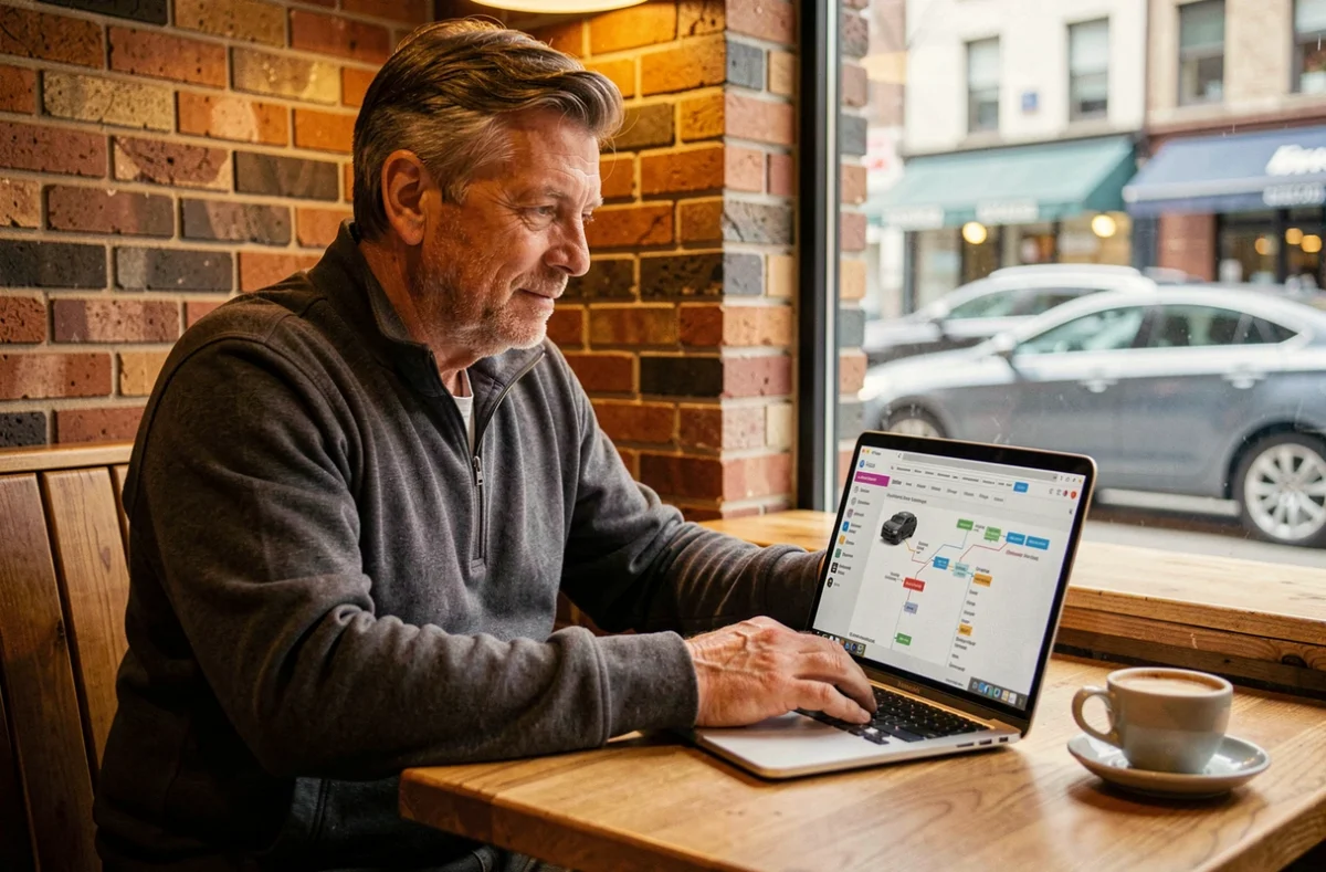 Homme utilisant un ordinateur portable pour explorer le plan du site d'un blog automobile dans un café urbain