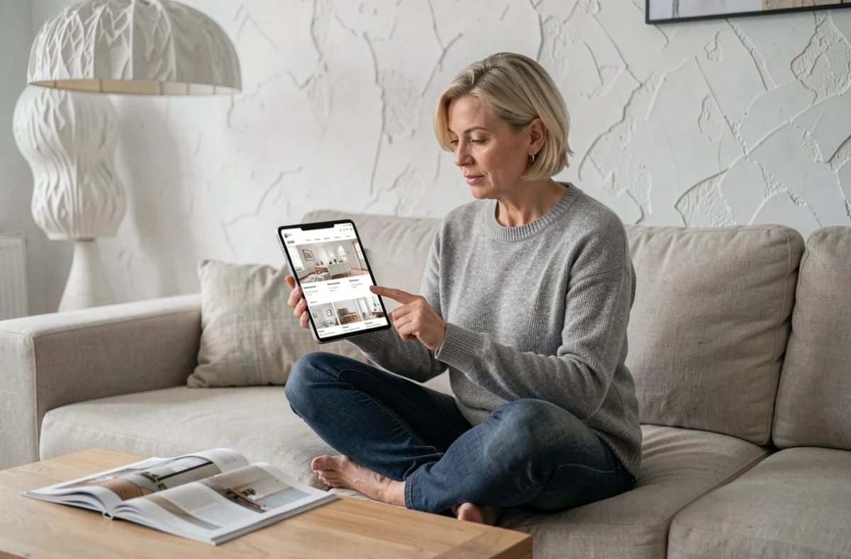 Femme utilisant une tablette pour explorer le plan du site Miss Déco et ses catégories d'inspiration décoration