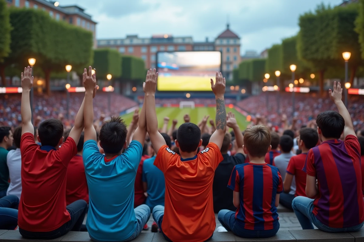 Groupe de fans regardant un match en ville