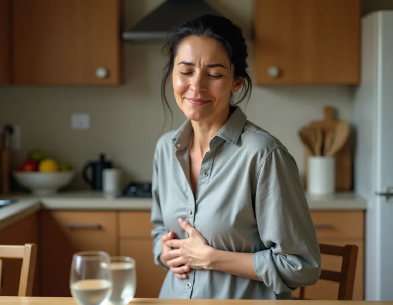 Femme d'une quarantaine d'années souffrant de brûlures d'estomac assise dans sa cuisine, main posée sur l'abdomen