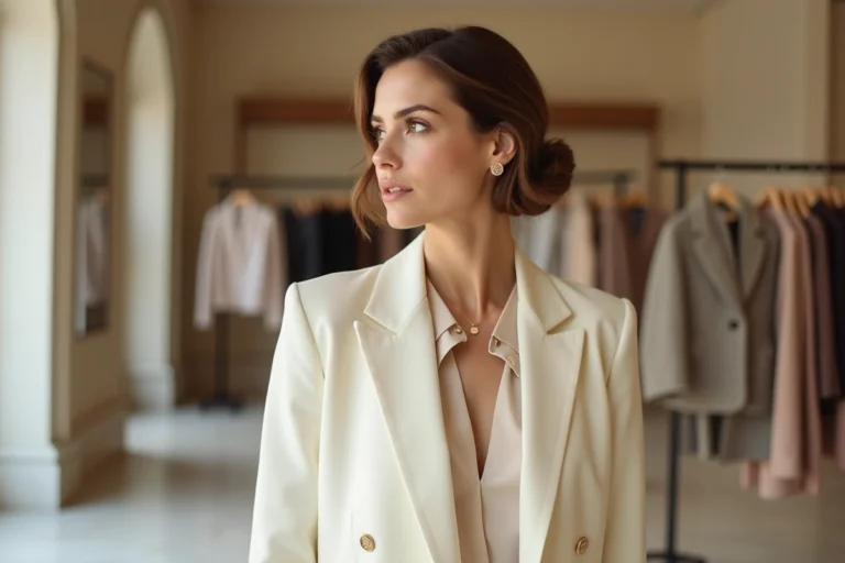 Femme élégante en blazer crème dans une boutique de mode parisienne au style minimaliste