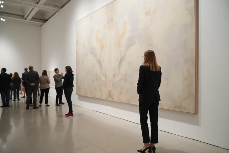 Femme admirant une œuvre d'art abstraite dans une galerie d'art contemporain parisienne lors de Mag Paris
