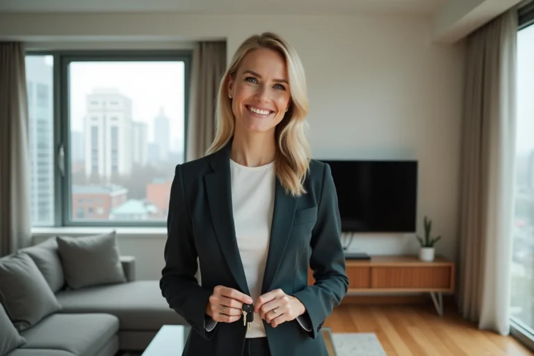 Femme souriante tenant des clés dans un appartement moderne