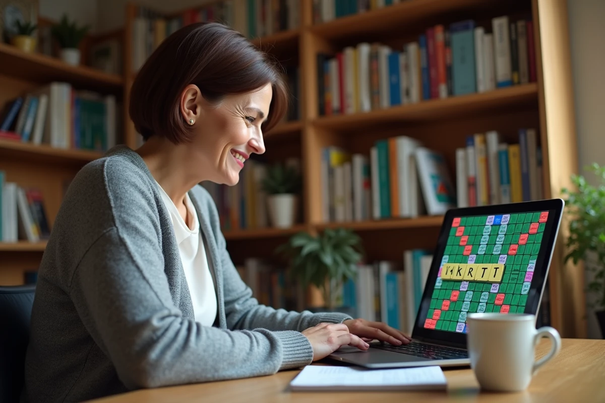 Femme jouant au Scrabble gratuit en ligne sur ordinateur portable dans un bureau à domicile