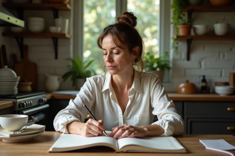 Femme méditative écrivant dans un journal en cuisine