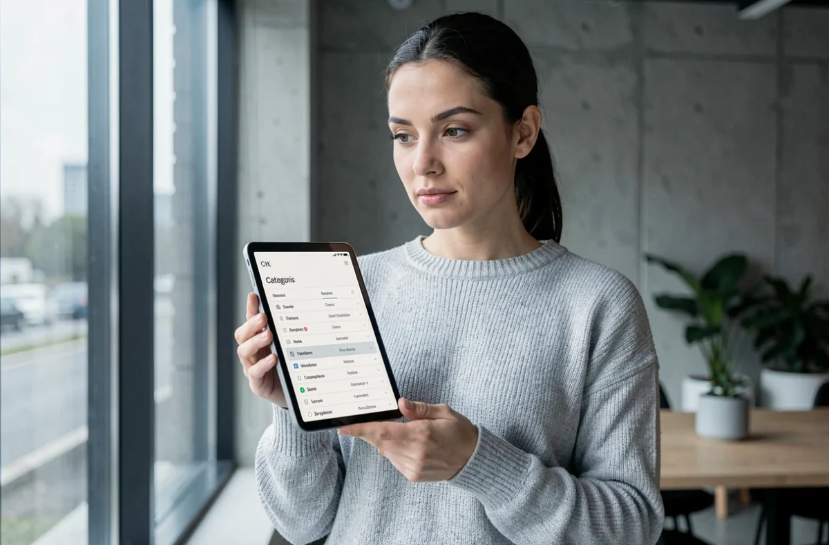 Femme consultant le plan de navigation d'un site blog automobile sur une tablette dans un espace de coworking