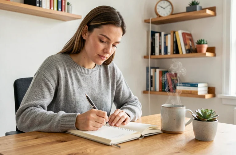 Femme concentrée écrivant dans un planificateur à son bureau en bois pour organiser sa journée et améliorer sa productivité