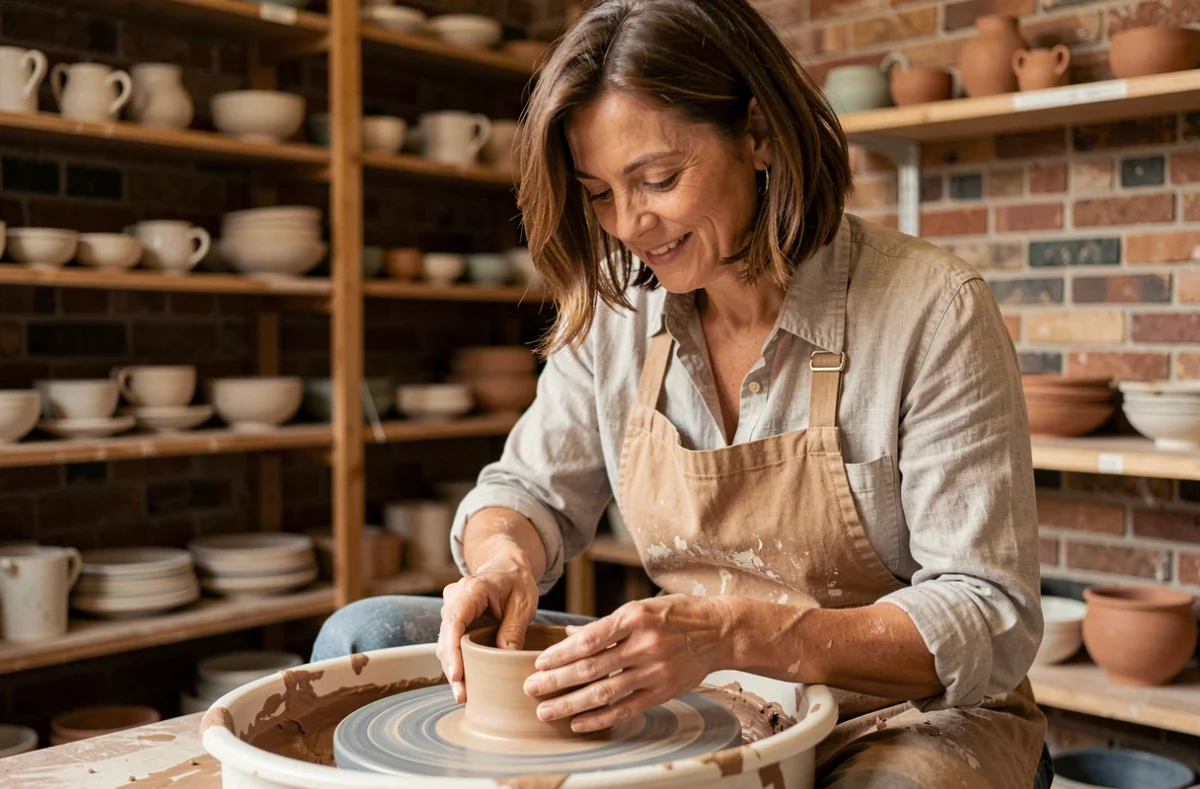 Femme adulte pratiquant le tournage de poterie dans un atelier artisanal chaleureux, activité créative de loisir