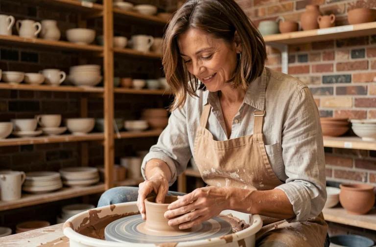 Femme adulte pratiquant le tournage de poterie dans un atelier artisanal chaleureux, activité créative de loisir