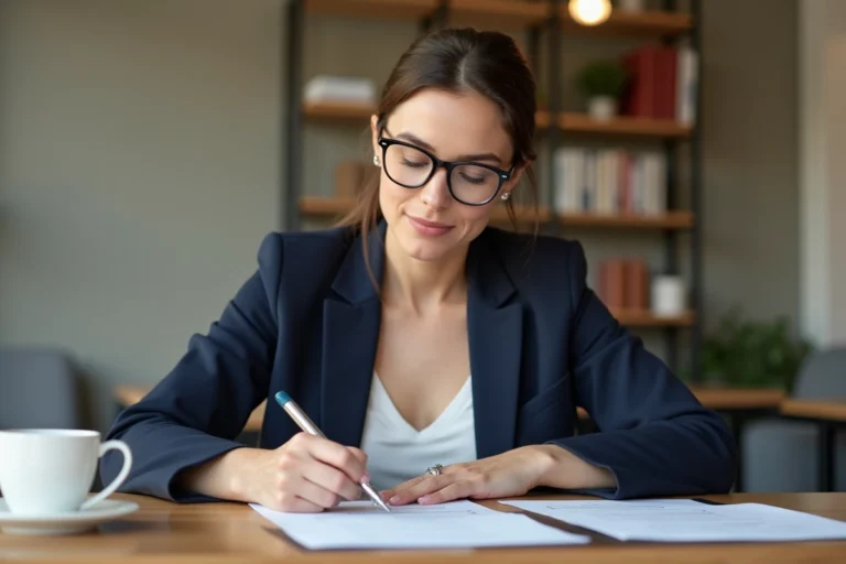 Femme en blazer marine remplissant un questionnaire d'enquête papier dans un bureau moderne