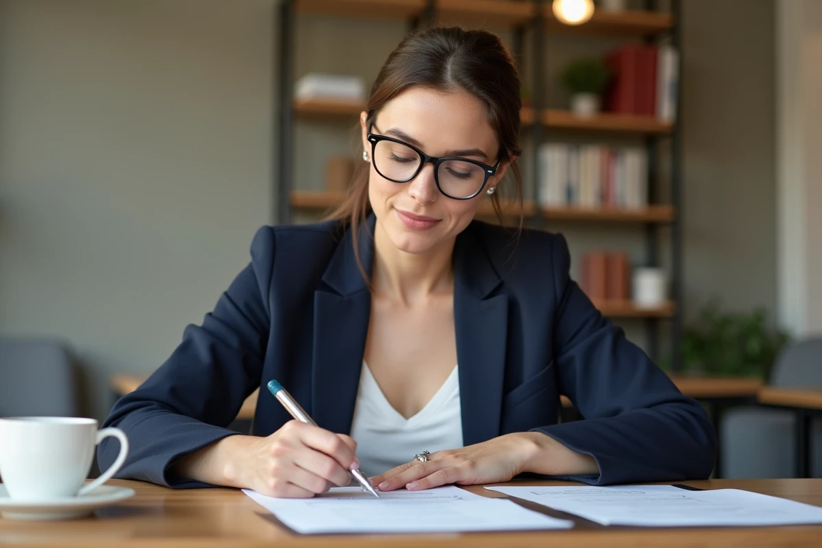 Femme en blazer marine remplissant un questionnaire d'enquête papier dans un bureau moderne