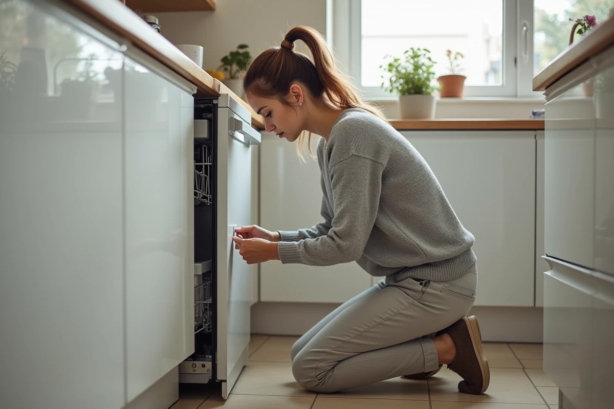 Femme répare une porte de lave-vaisselle dans la cuisine