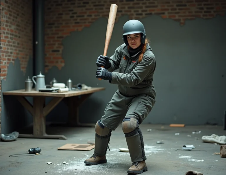 Femme en combinaison de protection tenant une batte de baseball dans une salle de défoulement à Lyon, entourée d'objets cassés