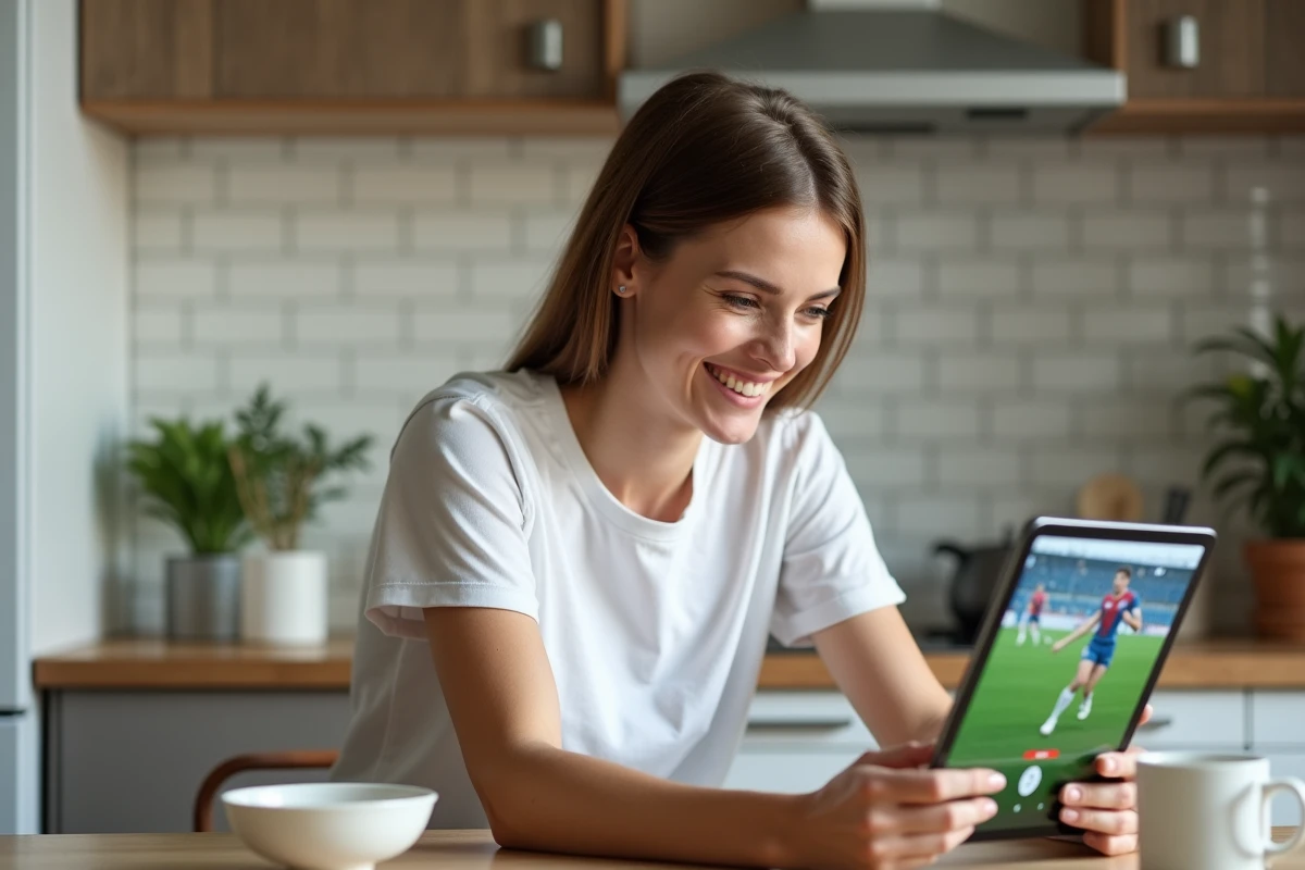 Femme regardant sport en streaming à la cuisine