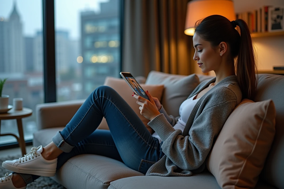 Femme regardant un match sur sa tablette dans le salon
