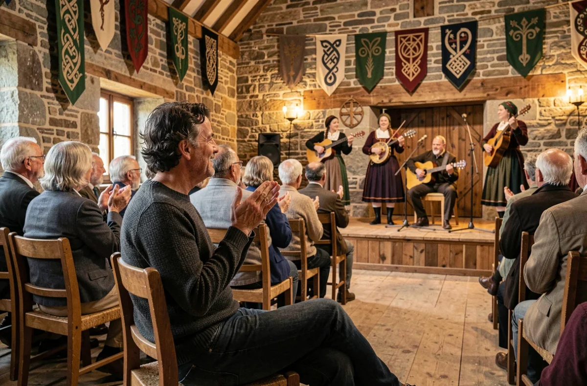 Homme participant à un Fest-Noz traditionnel dans une grange en pierre du Finistère