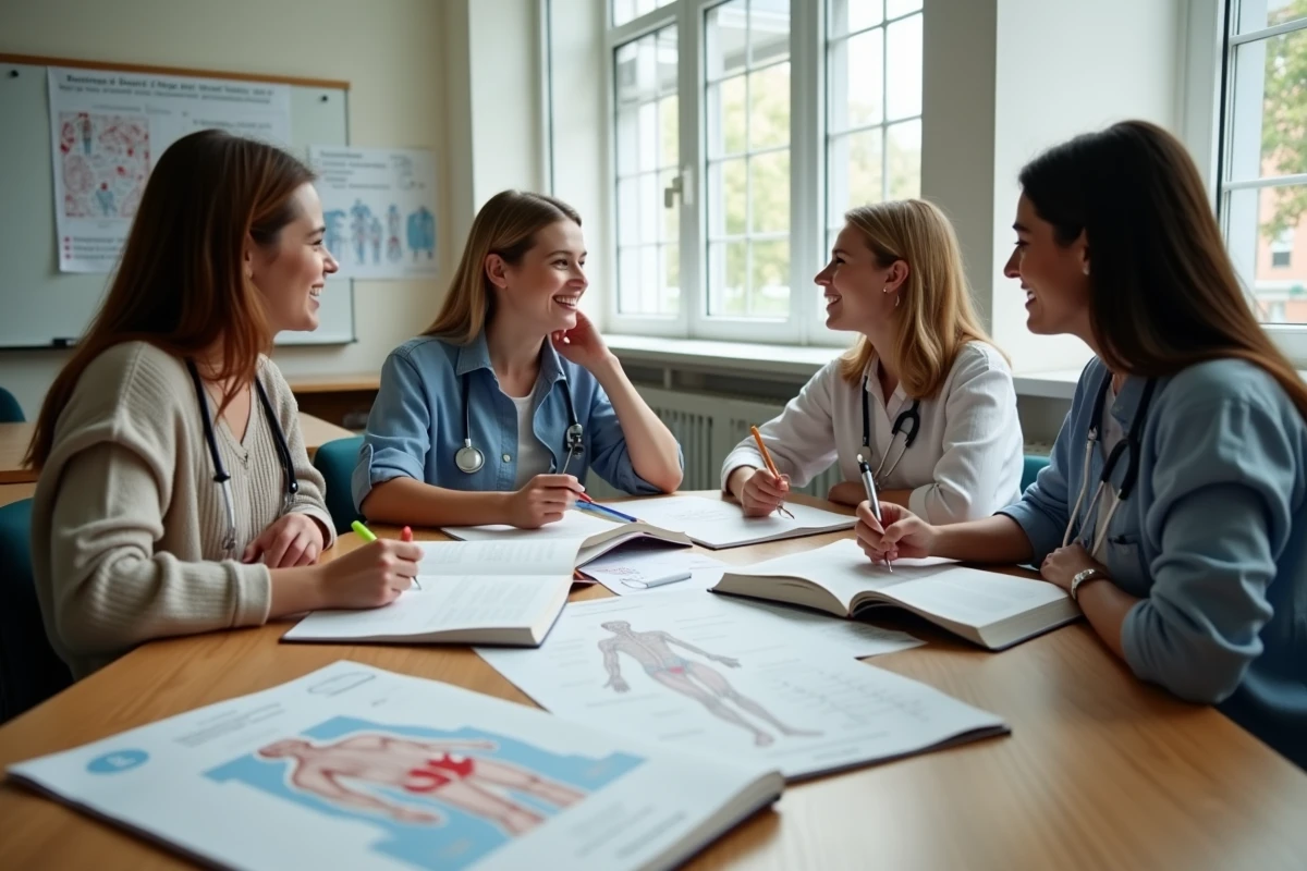 Groupe d'étudiants en médecine révisant ensemble autour d'une table avec des manuels et des schémas anatomiques dans une salle universitaire