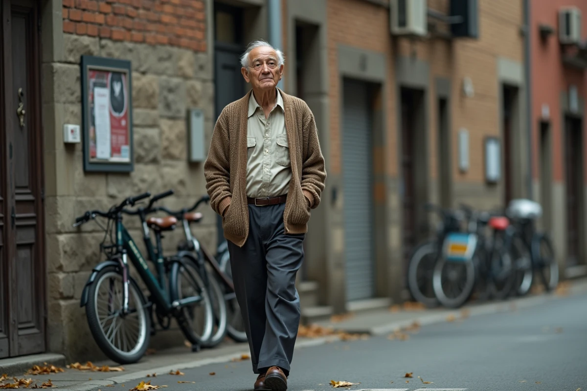 Homme âgé marchant dans une rue urbaine en automne
