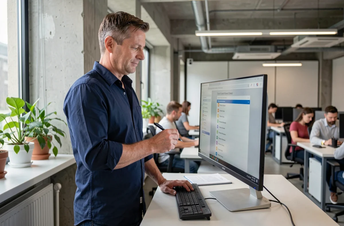 Homme debout à un bureau ergonomique en open space consultant une liste de tâches numérique pour optimiser son efficacité au travail