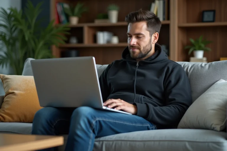 Homme détendu avec ordinateur dans un salon cosy