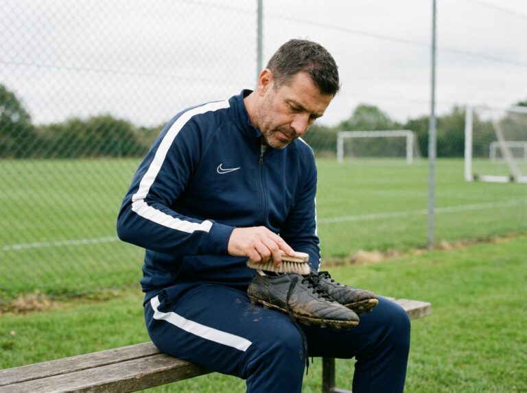 Homme d'âge moyen nettoyant ses bottes de football