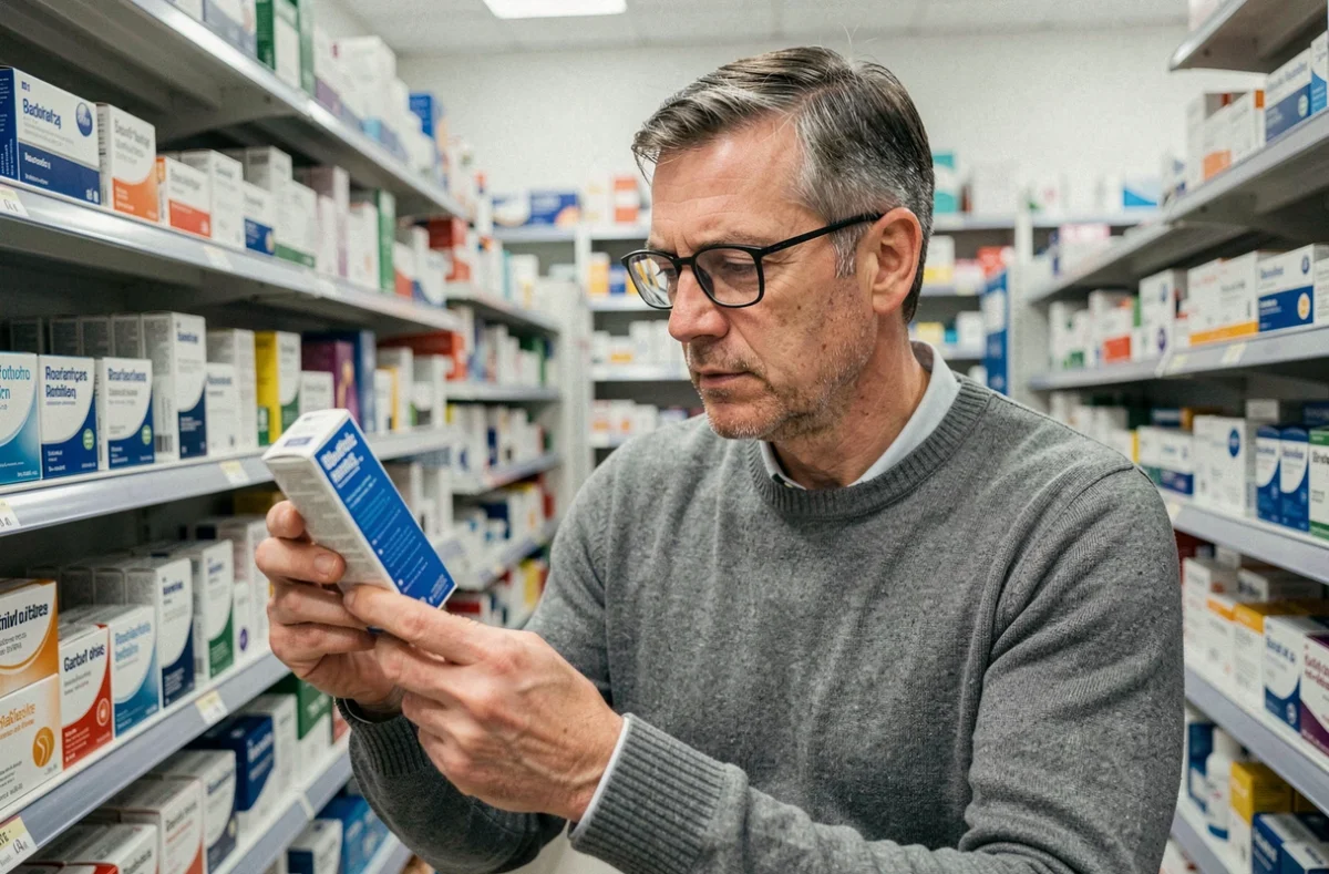 Homme en pharmacie lisant la notice d'un médicament pour traiter les symptômes d'une maladie