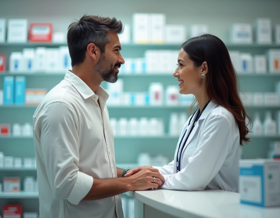 Homme consultant une pharmacienne pour des conseils sur les brûlures d'estomac et les douleurs gastriques
