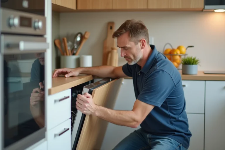 Homme moyenâgeux pose une porte de lave-vaisselle moderne