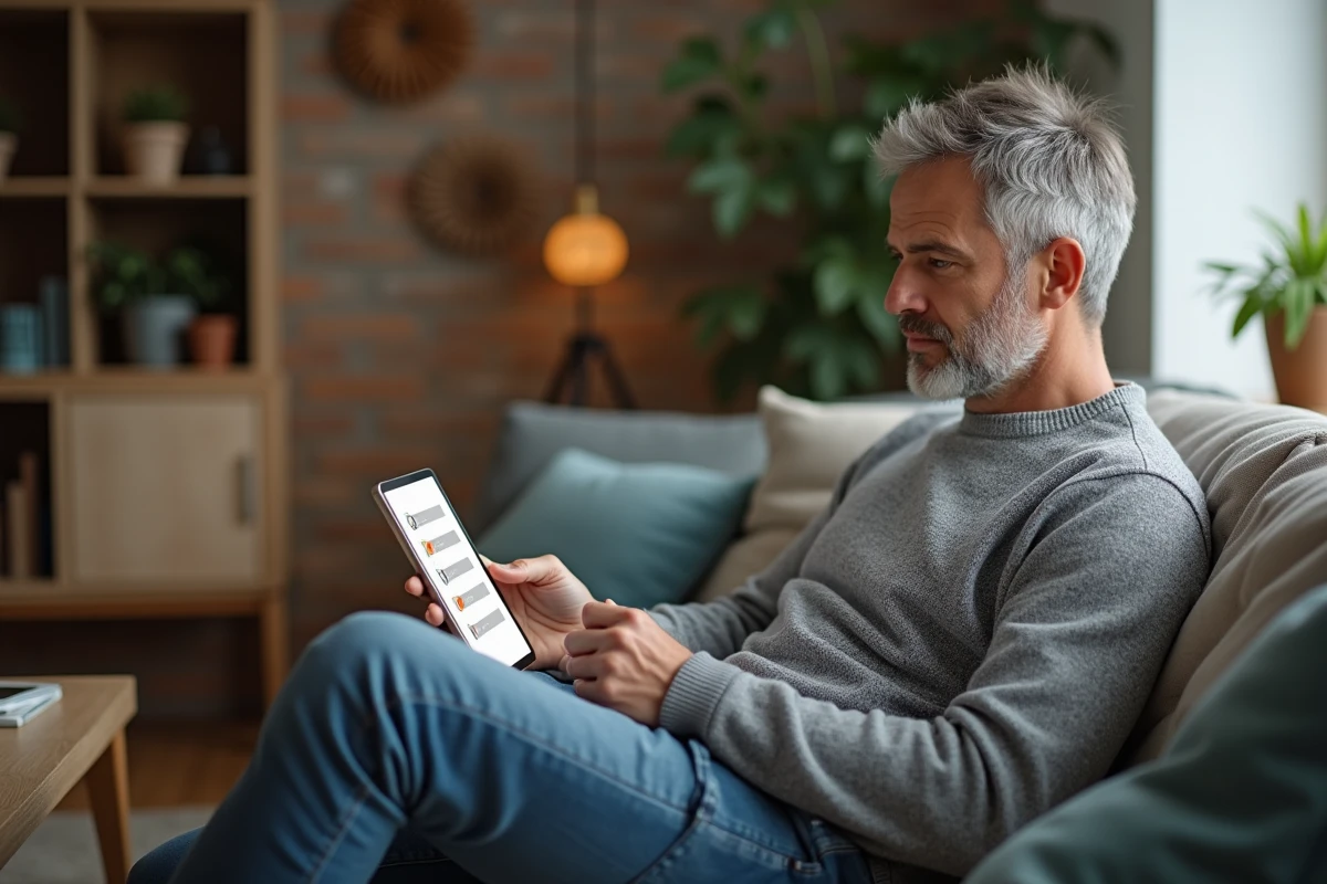 Homme répondant à un questionnaire d'enquête en ligne sur une tablette depuis son salon