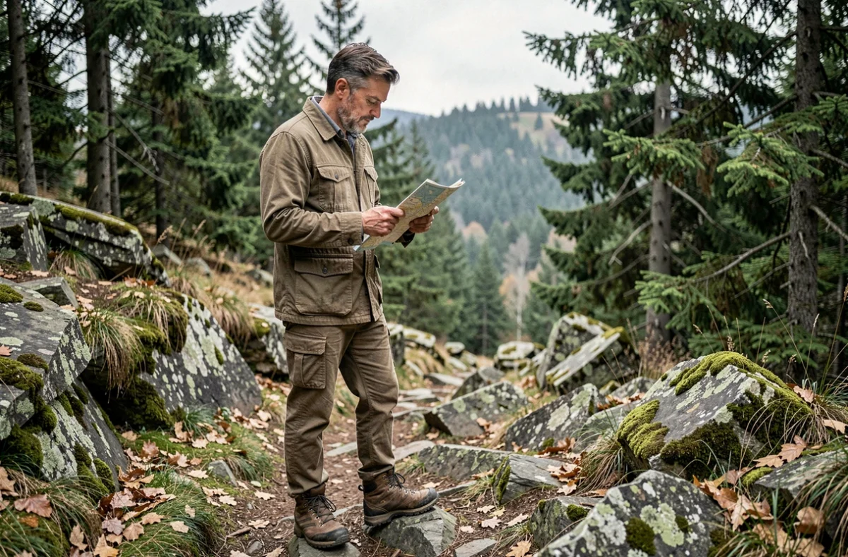 Homme en randonnée pédestre en forêt de montagne consultant une carte, loisir de plein air et découverte de la nature